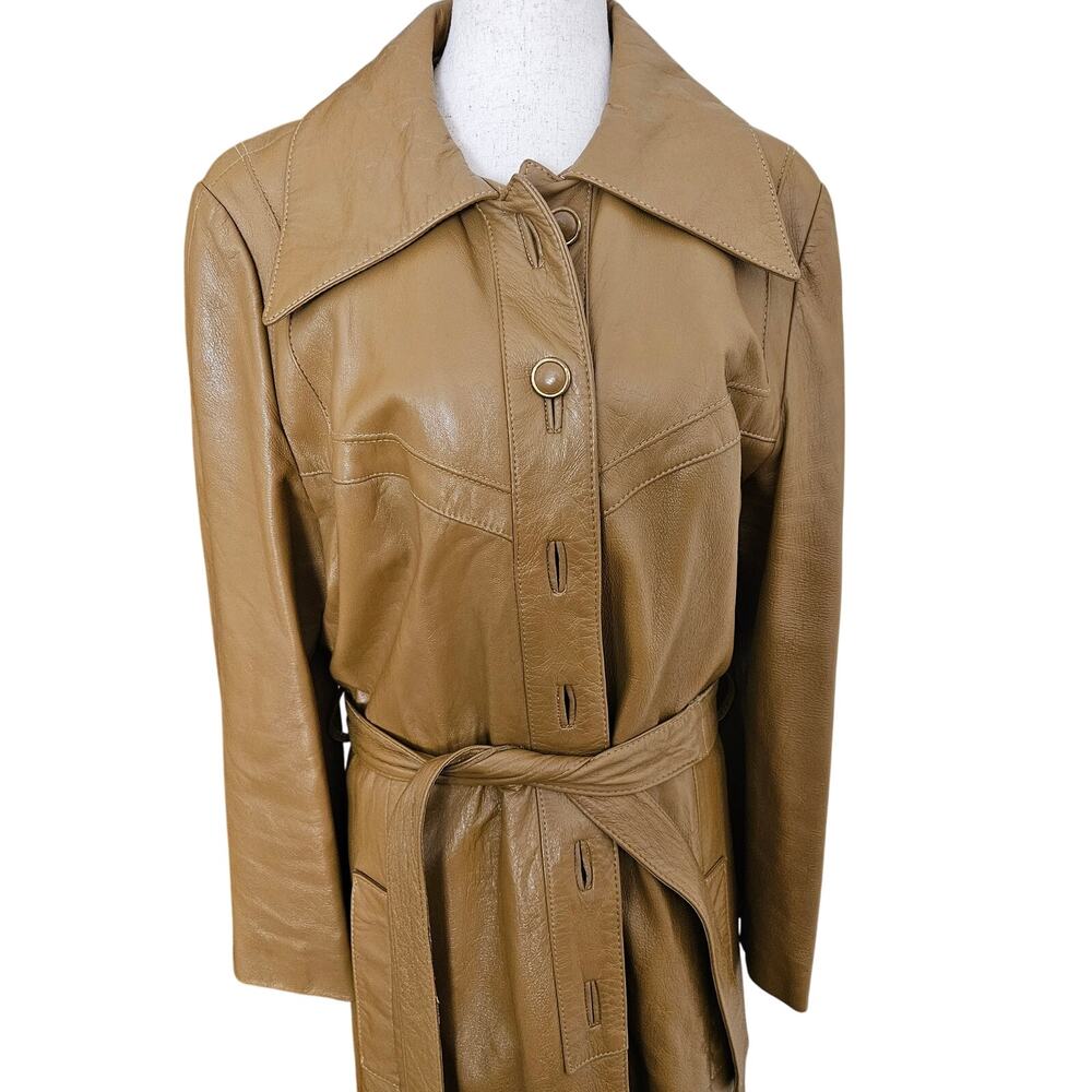 Long Leather Jacket Vintage 60s 70s Trench Coat Belted Pockets Large Tan
